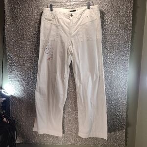 LRL LAUREN Jeans CO. Women White Naval Academy Print Embroidery Pants 14 Cotton